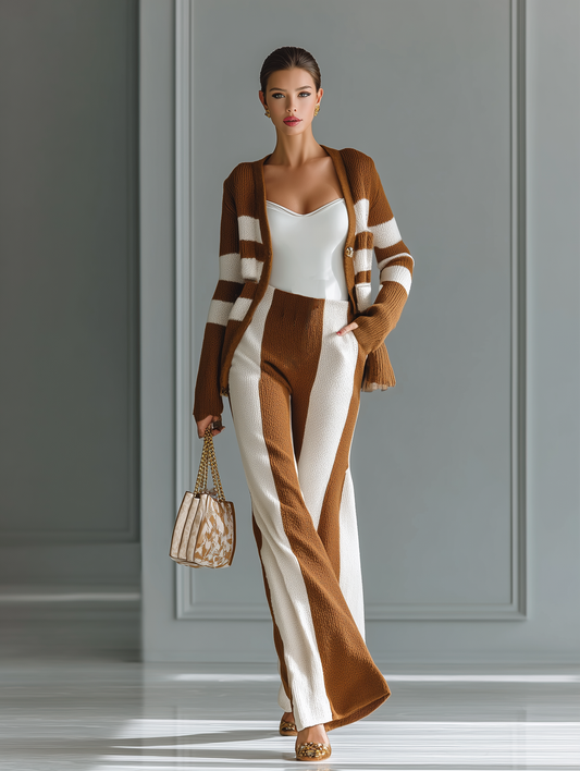 Women's White And Brown Striped Cardigan And Wide-leg Pants Knitted Set MDA0286I9T