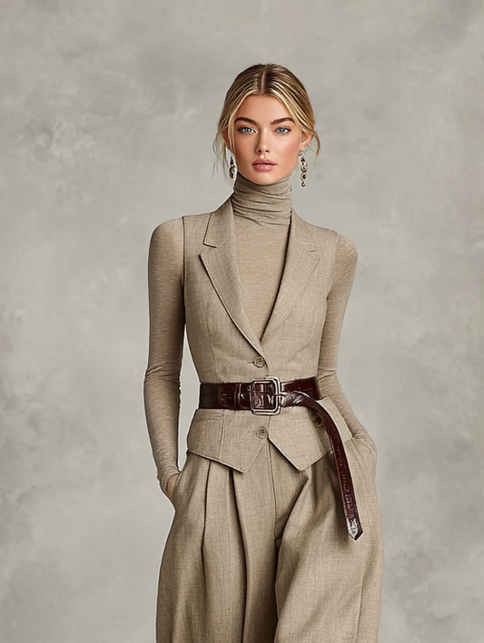 Women's Lapel Single-breasted Vest And Skirt Two-piece Set (Excluding Belt) MDA2555H0Y