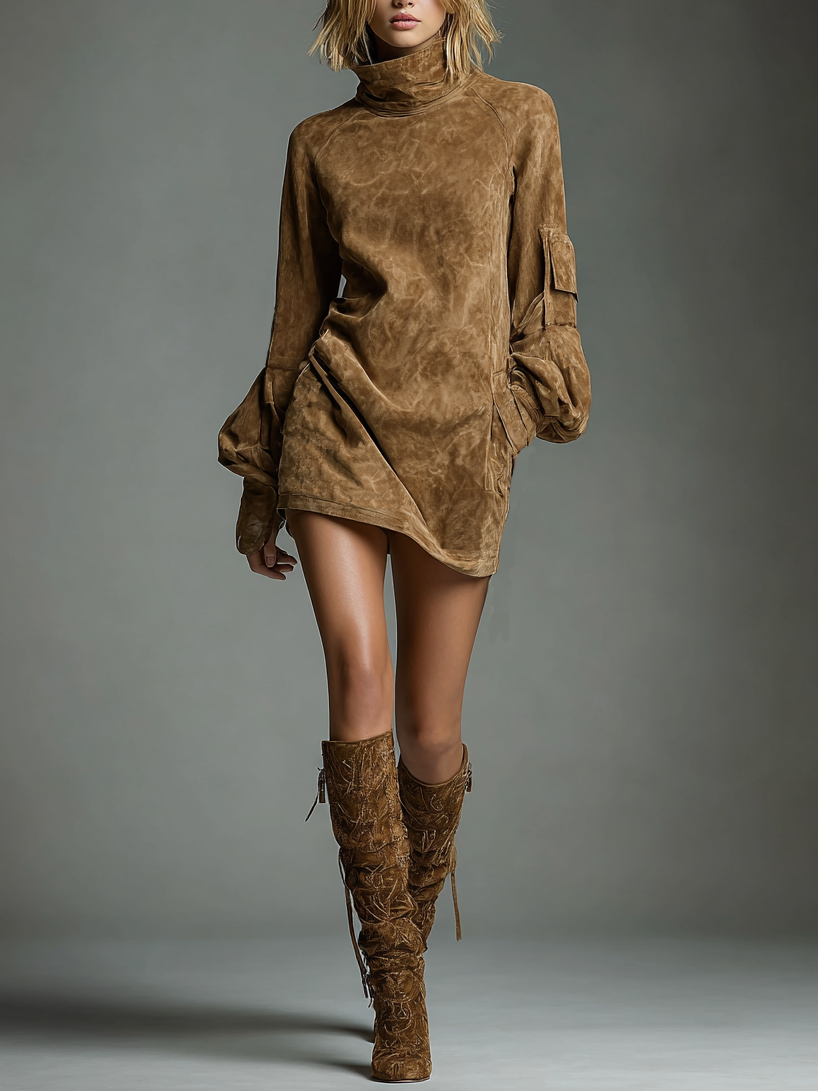Women's Vintage Loose Suede Turtleneck Mini Dress MDA1693H3Y