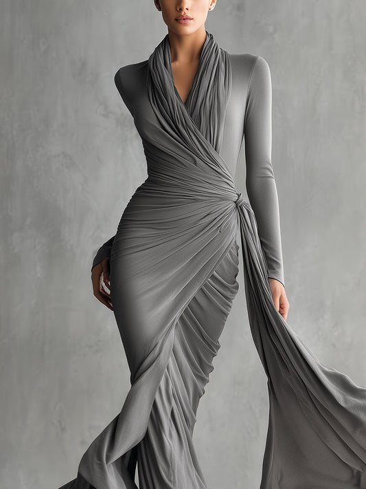 Women's Grey Elegant Stretch - Jersey Wrap - Style Ruched Maxi Dress MDA2998H9I