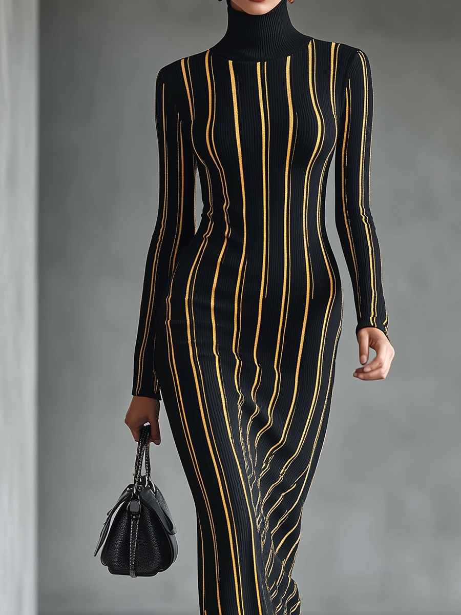 Women's Black Vertical Striped High-neck Knitted Maxi Dress MDA0316I6T
