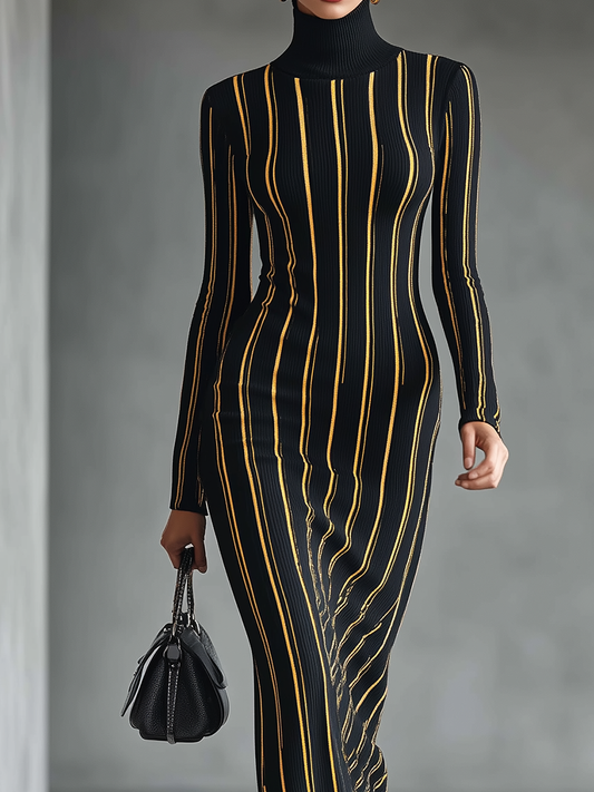 Women's Black Vertical Striped High-neck Knitted Maxi Dress MDA0316I6T
