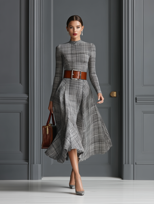 Women's Grey Cotton And Linen Blend Plaid Belted A-Line Midi Dress MDA0532I9T