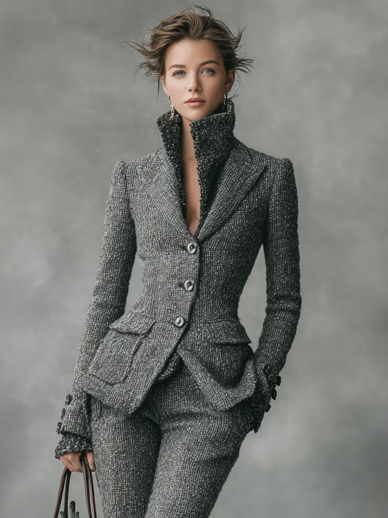 Ladies' Minimalist Woolen Waist Set With Petal Hem And Cropped Pants MDA2749H8Y