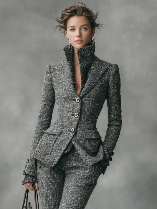 Ladies' Minimalist Woolen Waist Set With Petal Hem And Cropped Pants MDA2749H8Y