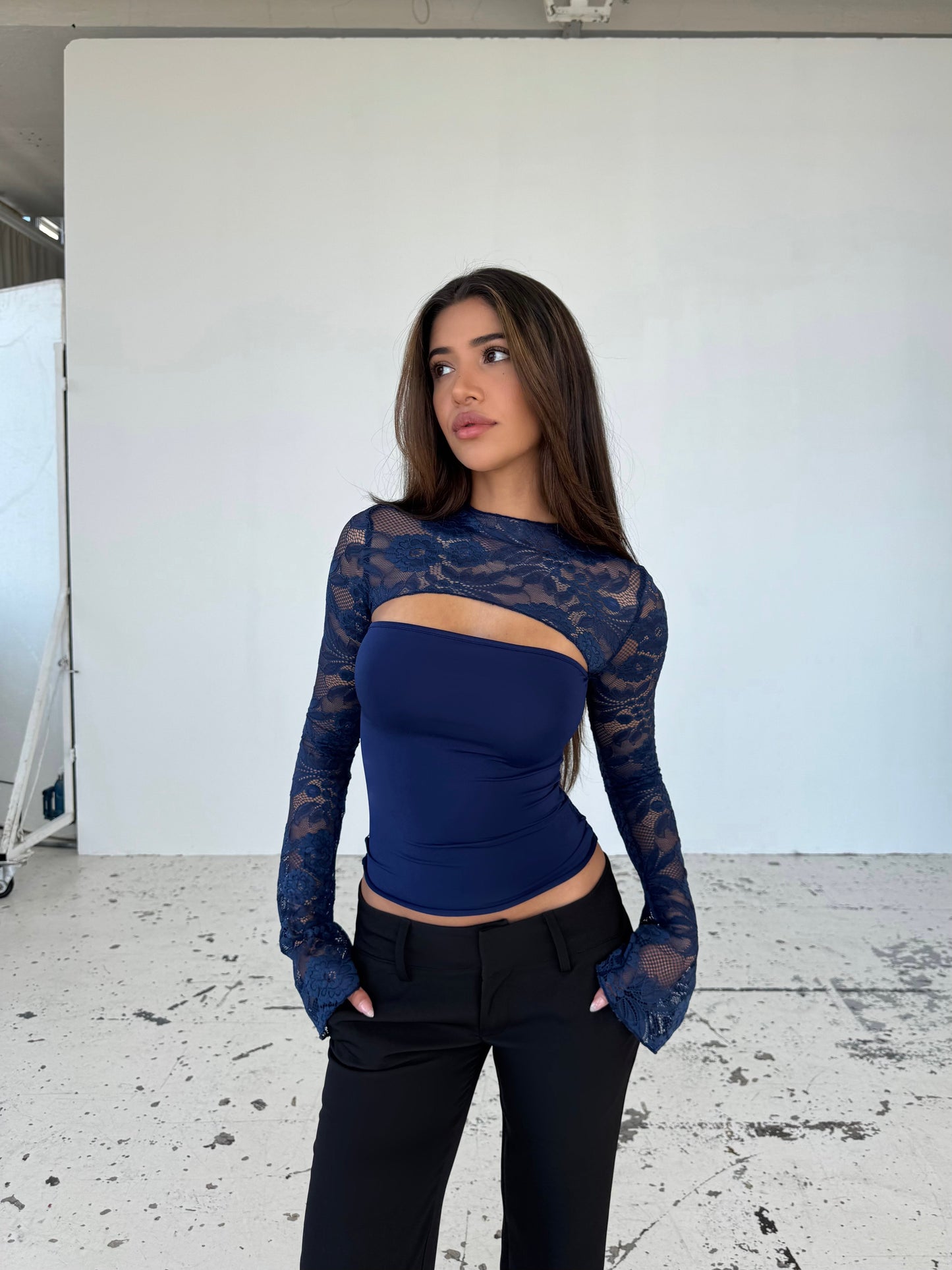 Lara lace long sleeve top - Dark blue
