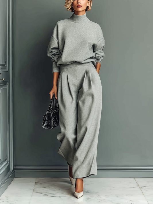 Women's Grey Blended Sweatshirt Wide-Leg Pants Set MDA1603H6T