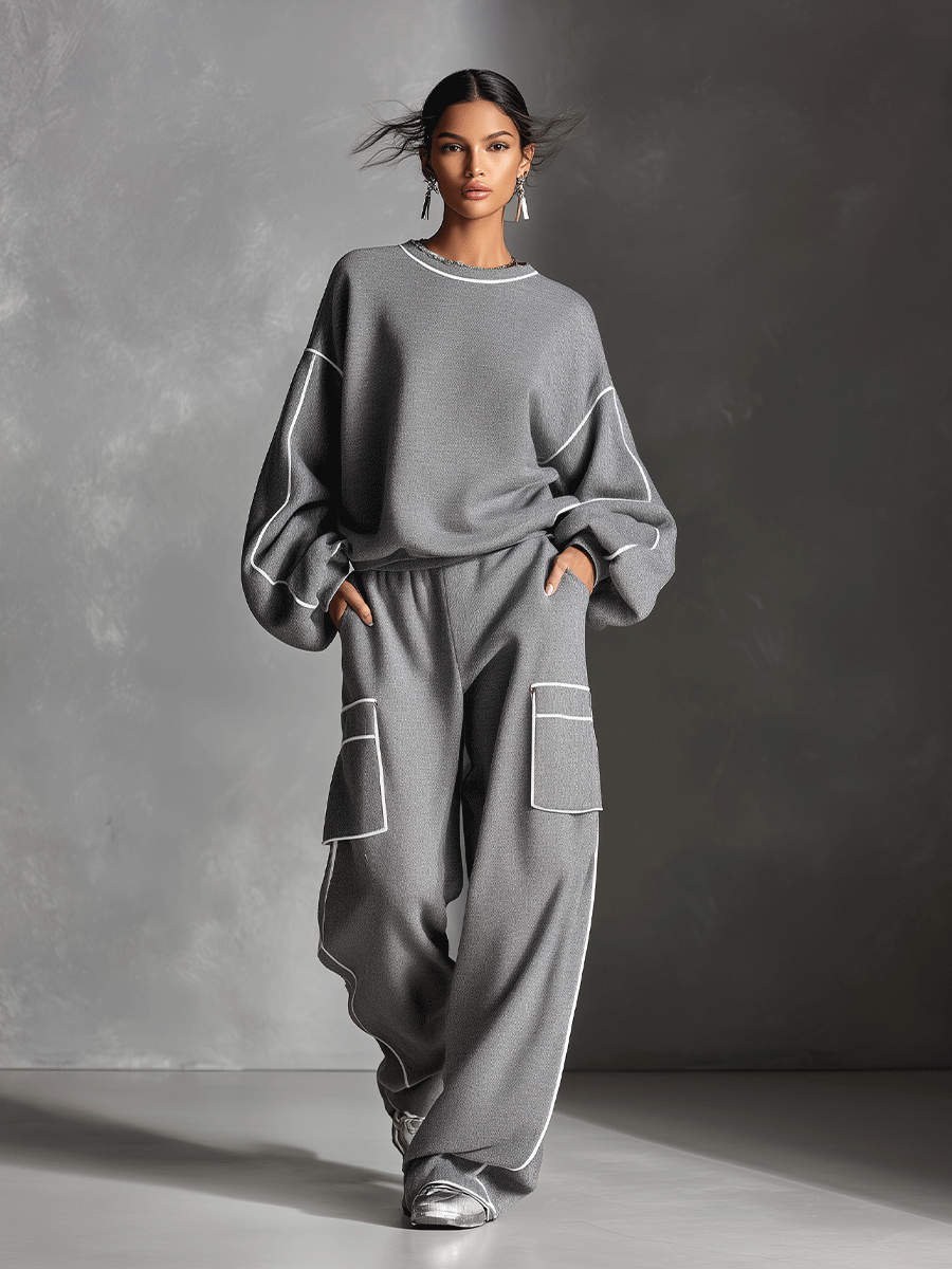 Women's Grey Modern Jersey Contrast - Piping Loungewear Set MDA0295I5I