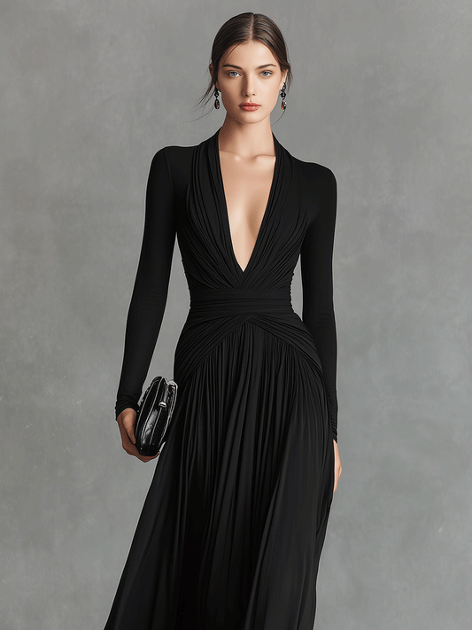 Women's Black Modern Flowy Crepe Plunging - V Maxi Gown MDA0416I2I