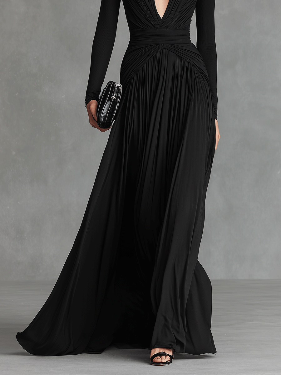 Women's Black Modern Flowy Crepe Plunging - V Maxi Gown MDA0416I2I