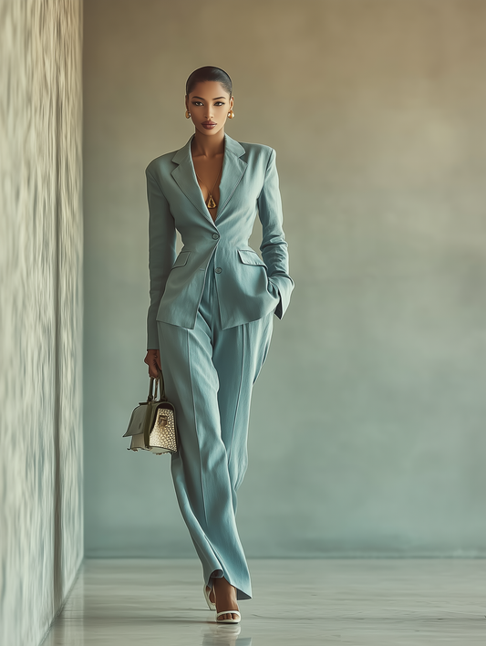 Women's Blue Cotton Blend Blazer And Wide-Leg Pants Set MDA0243I4T