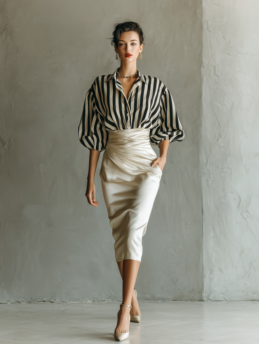 Women's Black And White Striped Cotton Shirt And Beige Satin Skirt Set MDA0826H7T