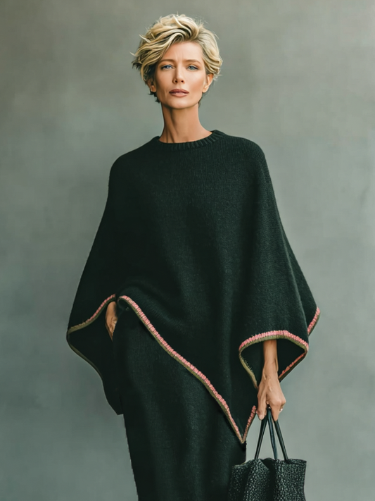 Women's Minimalist Loose Round Neck Cape Sleeve Sweater Skirt Knitted Set MDA0514I7Y