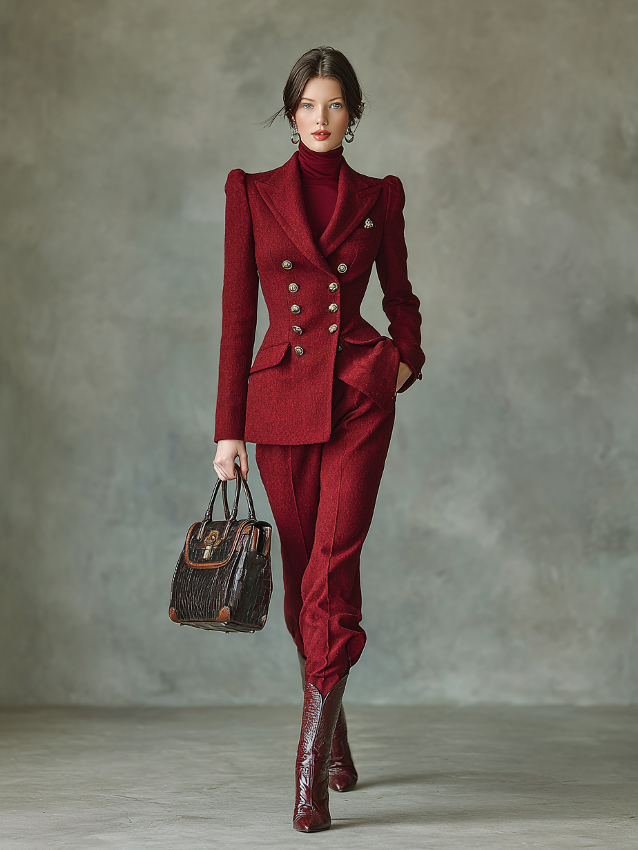 Women's Vintage Tweed Blend Double-Breasted Waisted Blazer Straight-Leg Pants Set MDA2758H9Y