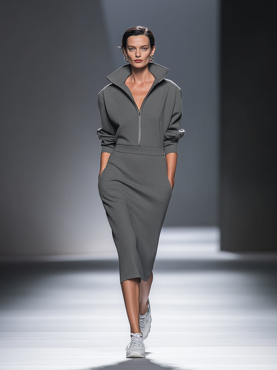 Women's Casual Cotton Polyester Half Zip Midi Dress MDA0570H1I