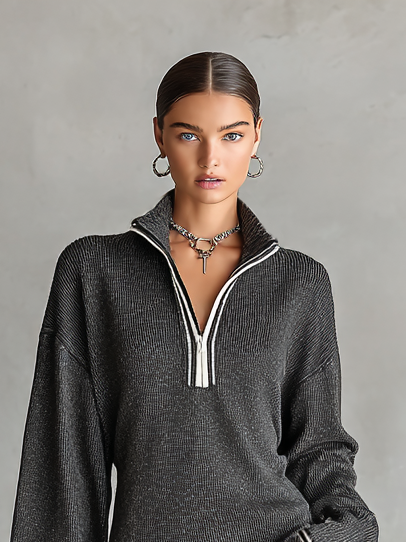 Women's Fashion Loose Knit White Trim Zipper Polo Neck Mini Dress MDA0774H6Y