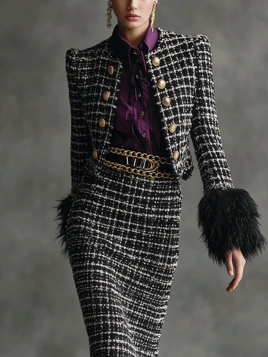 Women's Black - White Elegant Tweed Feather - Trimmed Skirt Suit MDA0459I6I