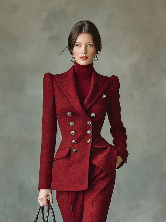 Women's Vintage Tweed Blend Double-Breasted Waisted Blazer Straight-Leg Pants Set MDA2758H9Y