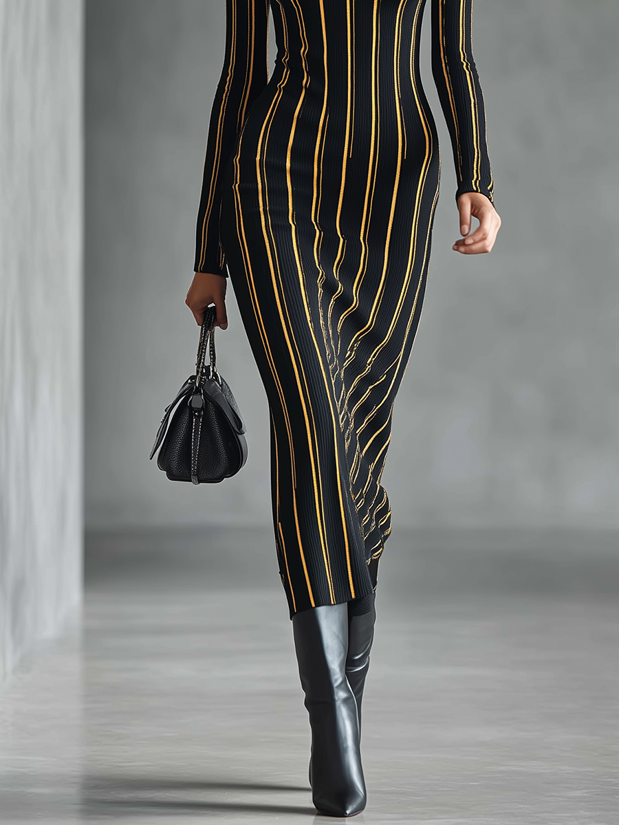 Women's Black Vertical Striped High-neck Knitted Maxi Dress MDA0316I6T