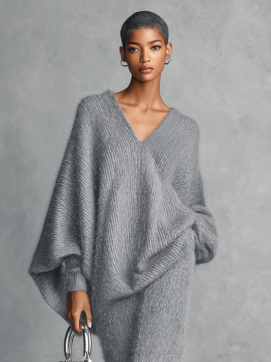 Women's Gray Classic Mink Blend Knit Batwing Sleeve Shift Dress Set MDA0404I8I