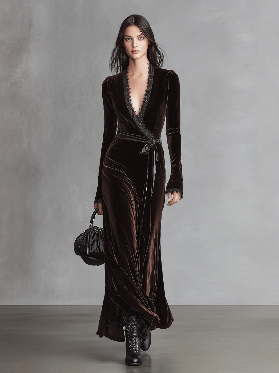 Women's Rich Brown Velvet Elegant Deep-V Flowy Dress MDA0594I6I