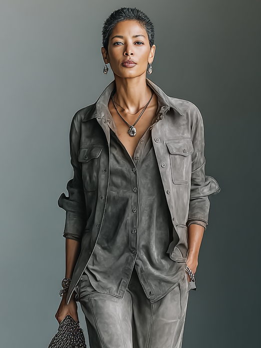 Women's Casual Loose Suede Shirt Jacket And Flared Pants Set (Inner Layer Not Included) MDA0246I4Y