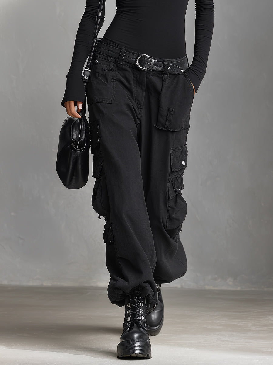 Women's Black Edgy Rib - Knit Asymmetric Neck Bodysuit And Cargo Pants Set MDA0818I0I