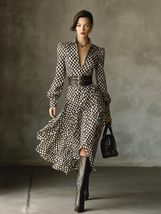 Women's Black And White Netted Chiffon Midi Dress (Without Belt) MDA0515H4T