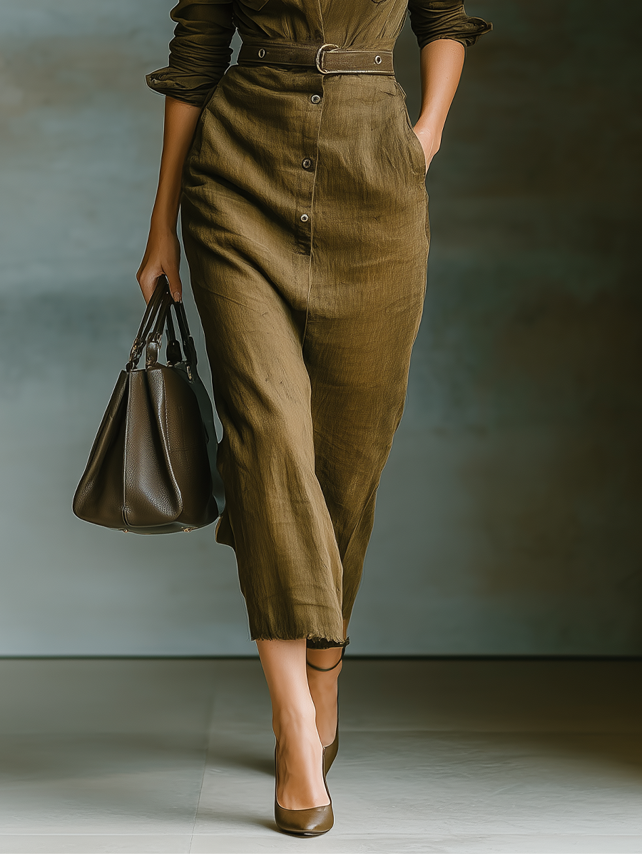 Women's Olive Green Linen Shirt Collar Waisted Maxi Dress MDA0801I5T