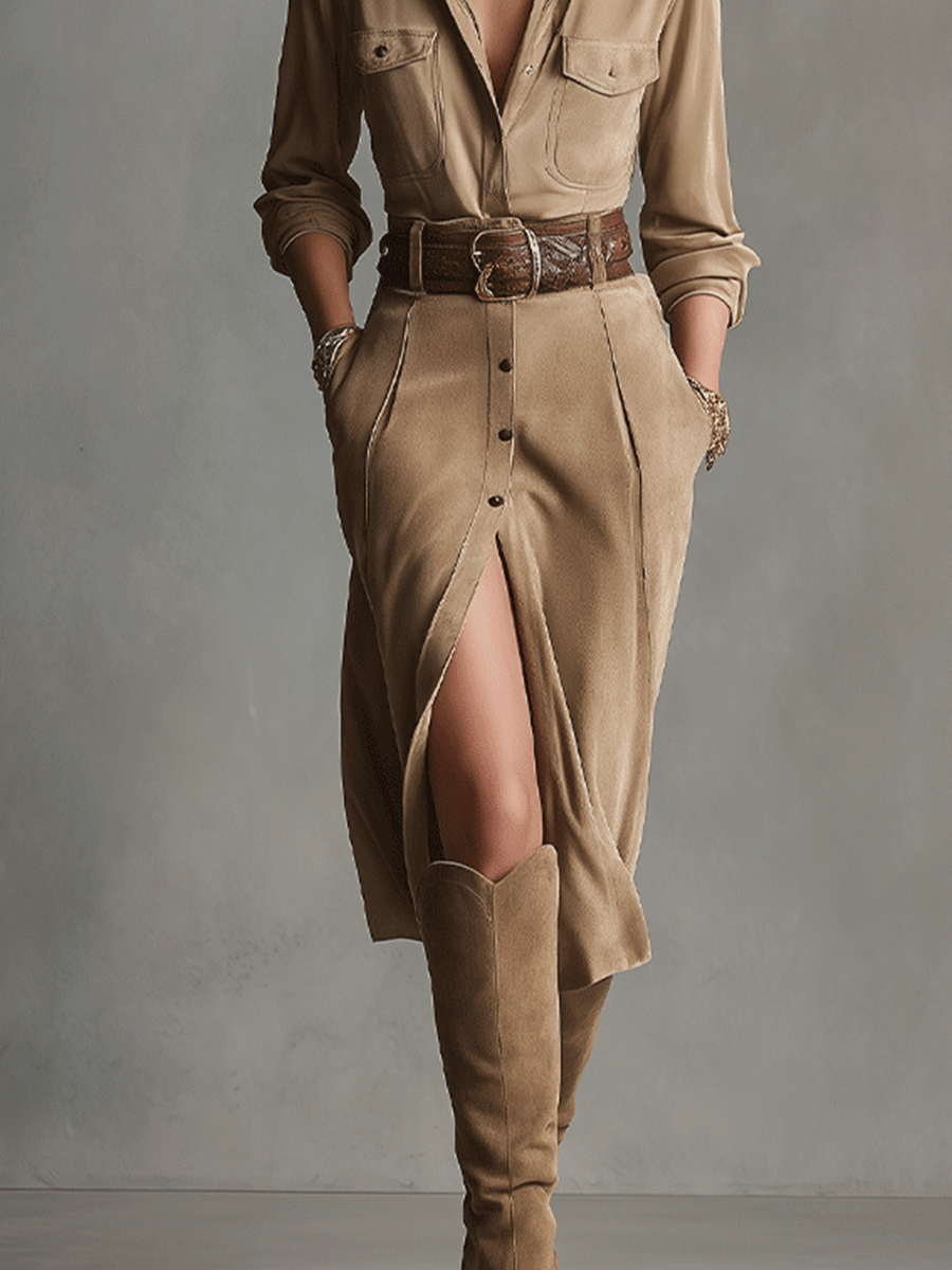Women's Brown Fashion Suede Midi Dress MDA0282I3I