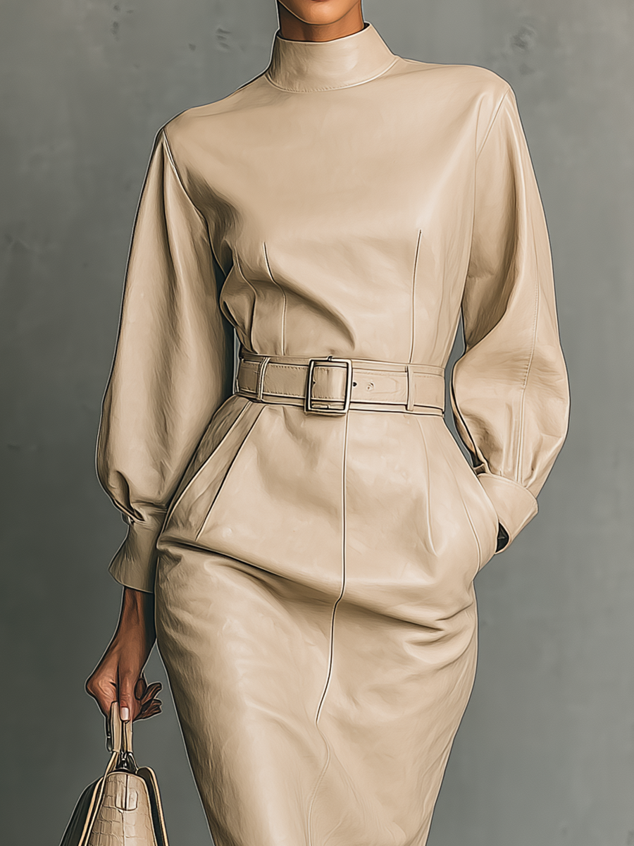 Women's Beige PU Leather Wide Sleeve Maxi Dress MDA1952H5T