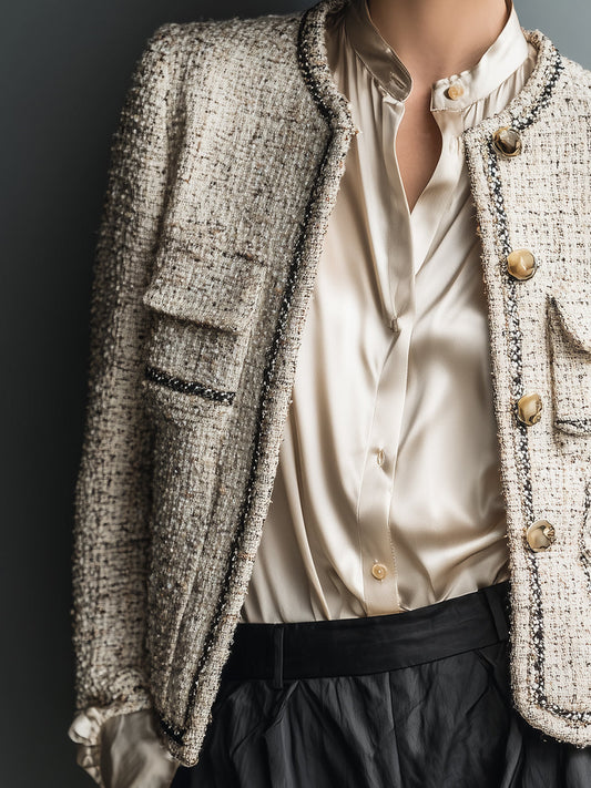 Women's Beige Chic Tweed - Textured Contrast - Trimmed Jacket MDA2886H3I