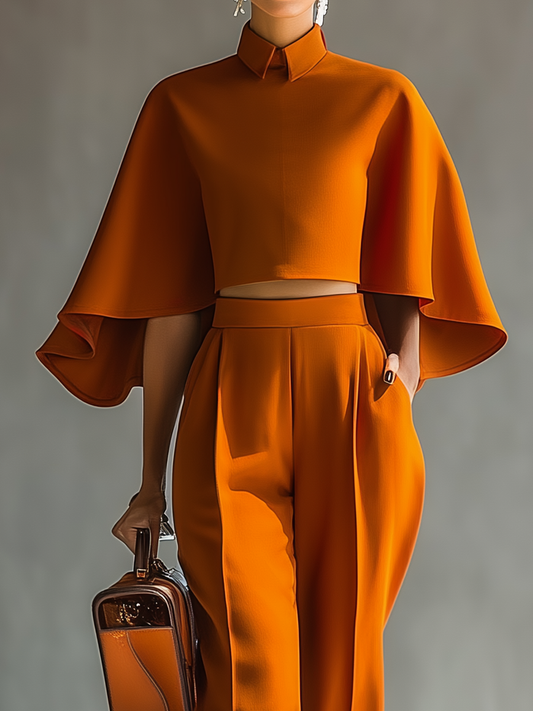 Women's Orange Cape Top And Wide-leg Pants Set MDA1587H1T