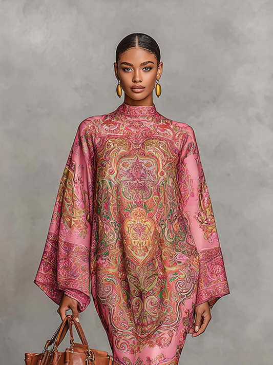 Women's Paisley Print Round Neck Trumpet Long Sleeve Loose Midi Dress MDA2149G5Y