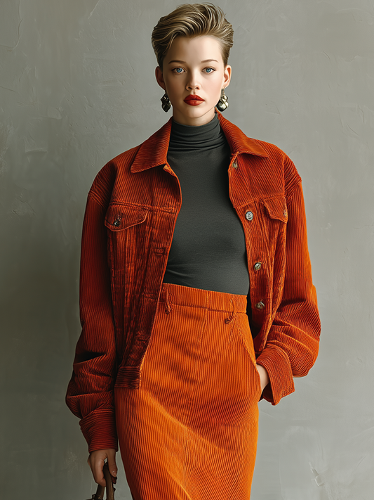 Women's Orange Corduroy Button-Up Jacket MDA2779H4T