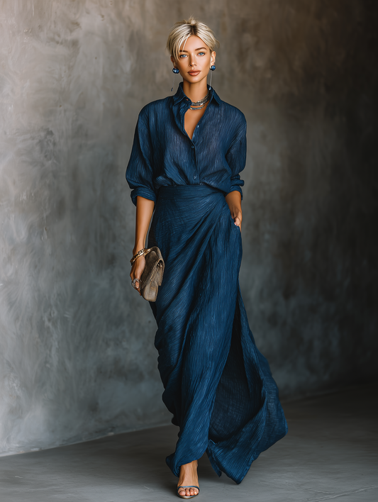 Women's Elegant Dark Blue Cotton And Linen Blend Shirt Long Skirt Set MDA0665H5T
