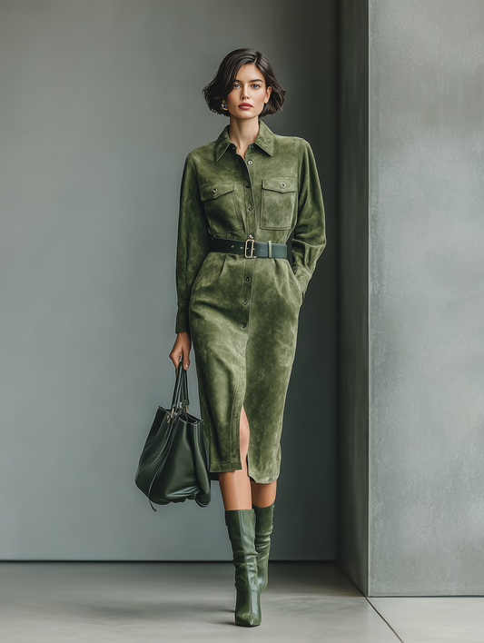 Women's Olive Green Suede Shirt Dress Midi Dress MDA0331I7T