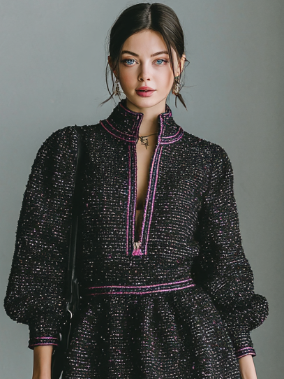 Women's Fashionable Tweed Blend Zipper Half Turtleneck Pink Trim Mini Dress MDA0208I0Y