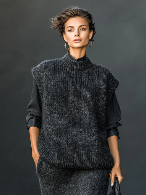 Women's Minimalist Round Neck Knitted Tank Skirt Tassel Hem Set (Without Shirt)MDA0546I9Y