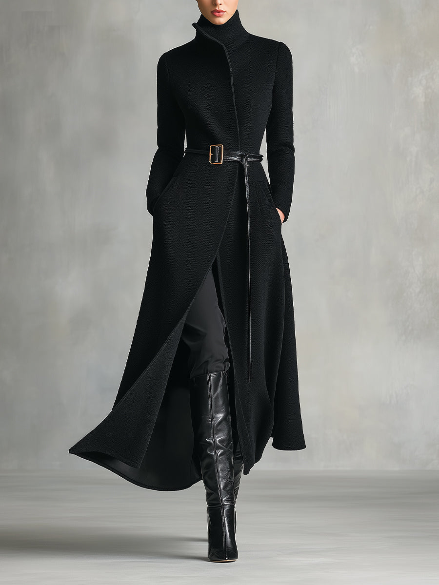 Women's Black Elegant Wool - Blend Turtleneck Belted Maxi Coat MDA2807H5I