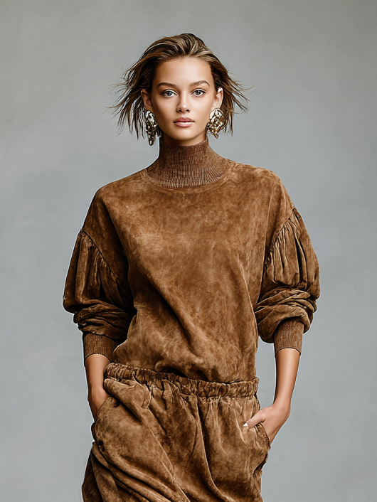 Women's Fashion Loose Suede Turtleneck Elastic Waist Midi Dress MDA1607H7Y