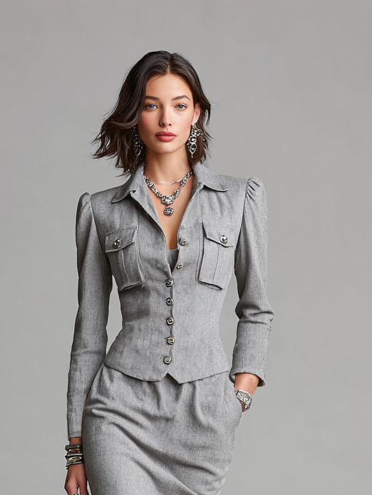 Women's Retro Business Short Blazer And One-Step Skirt Set MDA2701H3Y