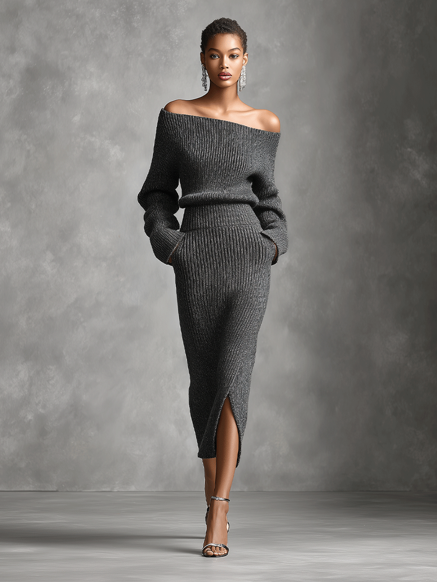 Women's Charcoal Grey Chic Rib - Knit Off - The - Shoulder Two - Piece Set MDA0387I3I