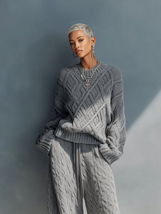 Women's Grey Cozy Knit Argyle - Patterned Sweater & Wide - Leg Lounge Pants Set MDA2616H6I
