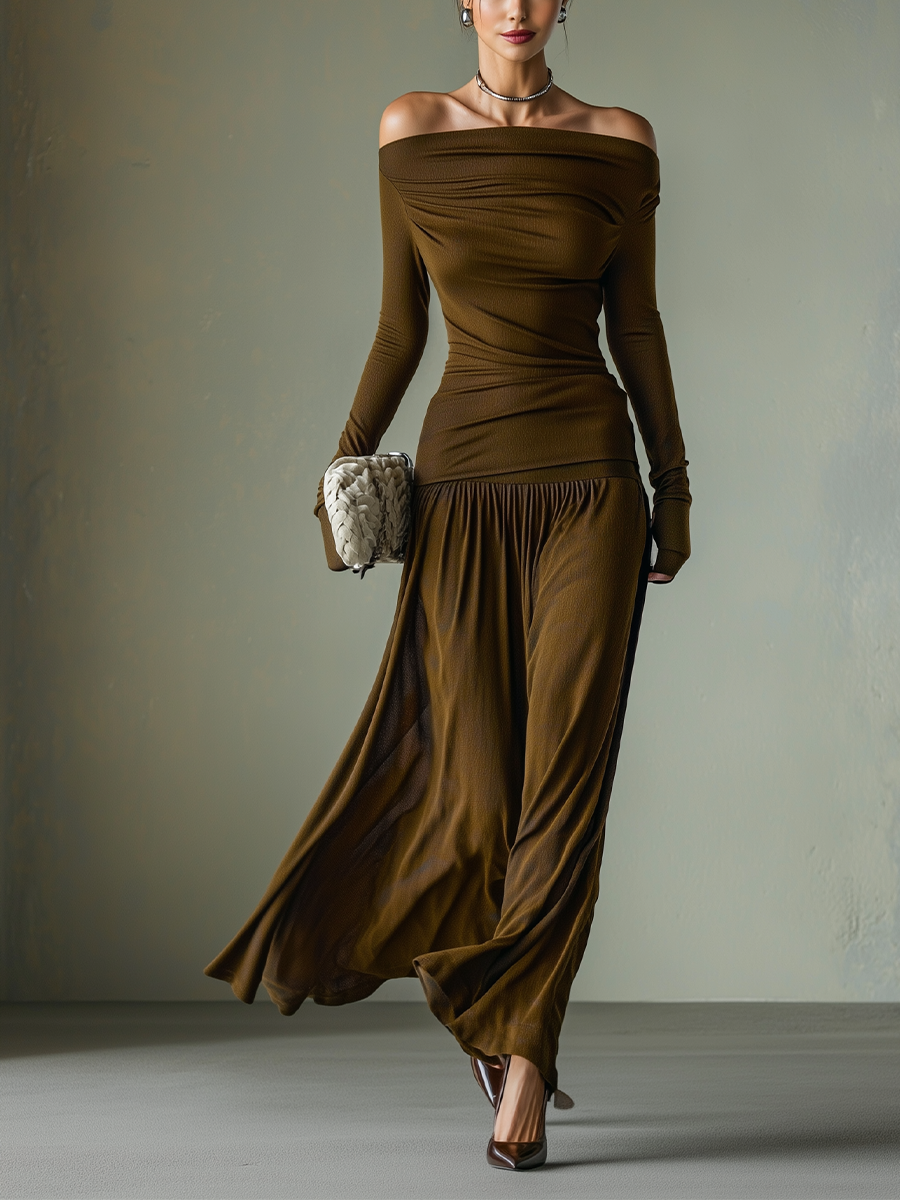 Women's Dark Brown High-Stretch Knit Off-Shoulder Pleated Fitted Maxi Dress MDA1015I5T