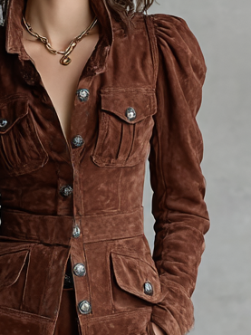 Women's Suede Single-Breasted Waist Puff Sleeve Jacket MDA2750H7Y