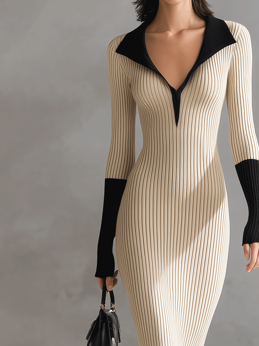 Women's Beige & Black Colorblock Elegant Knit Slim-Fit Dress MDA0585I8I