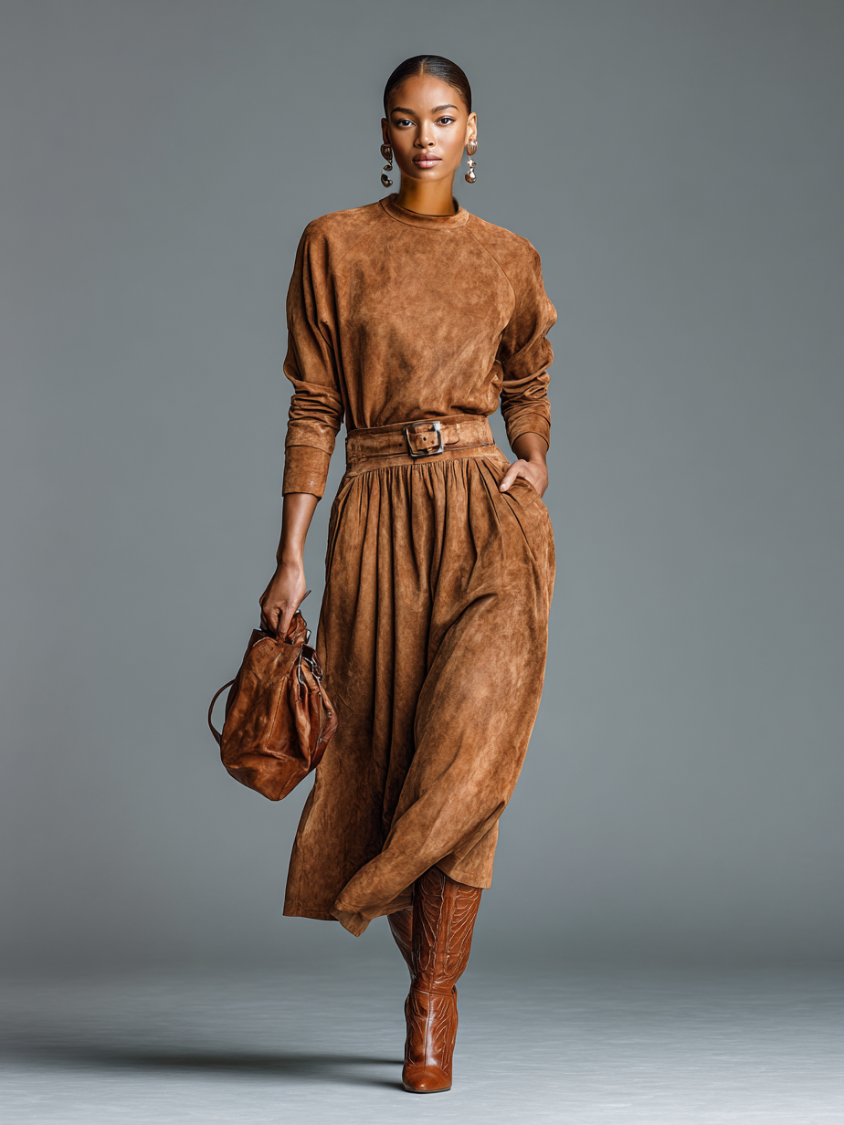 Women's Vintage Suede Round Neck Long Sleeve Blouse Skirt Set MDA2746H7Y