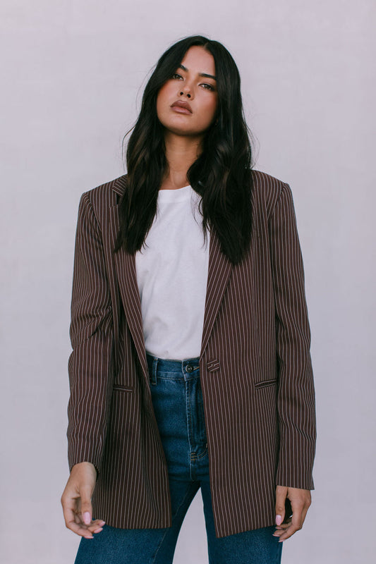 Quade Tailored Blazer - Chocolate Pinstripe