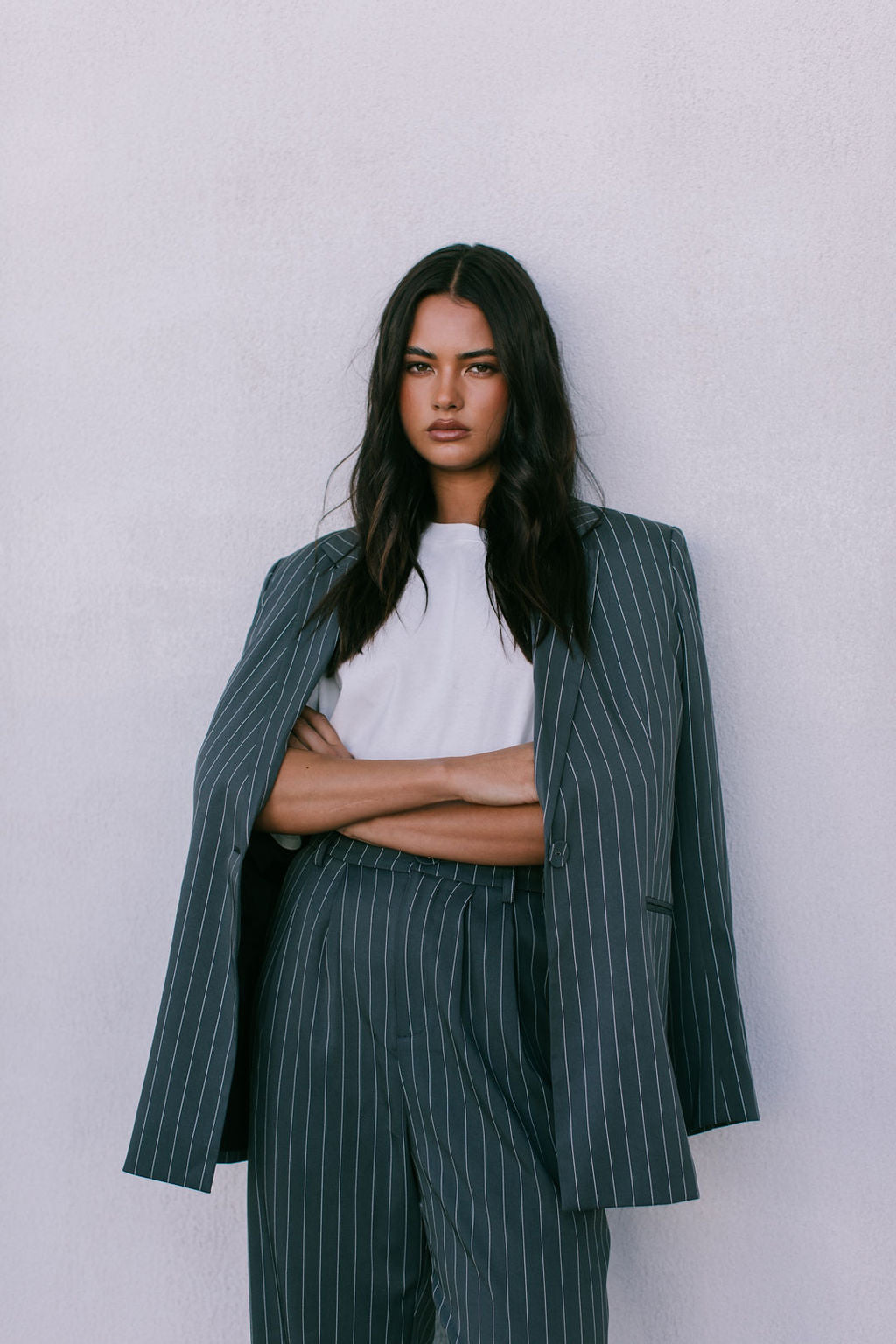 Cerlah Tailored Pants - Charcoal Grey Pinstripe